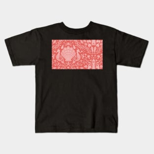 coral summer beach damask pattern with pink seashells Kids T-Shirt